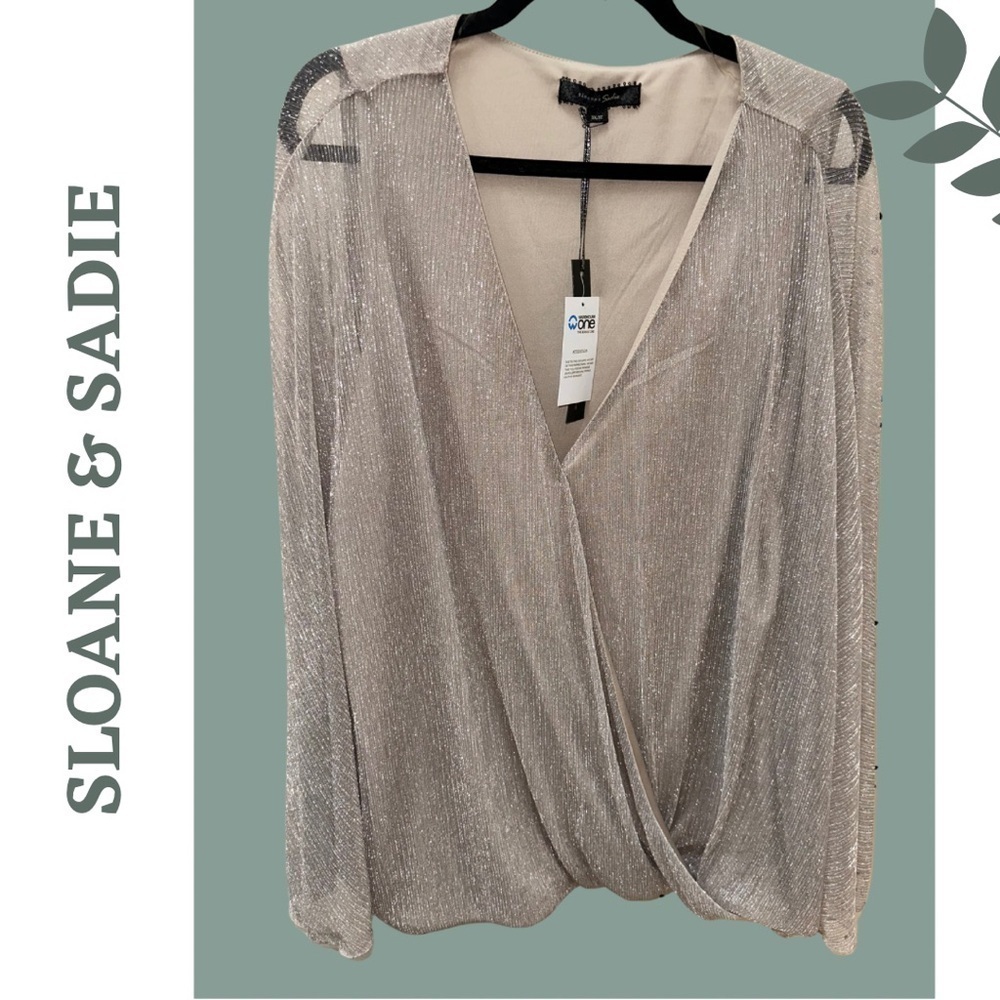 🛍️ Sloane & Sadie Champagne Pink Butterfly Wing Top Faux Wrap Metallic 3X